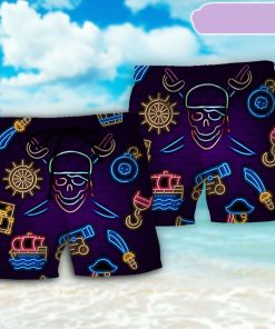 Pirate Neon Art Style Beach Short, Gift for Holiday Summer