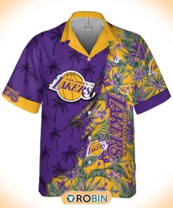 Retro NBA Los Angeles Lakers Tropical Flowers Hawaiian Button Shirt