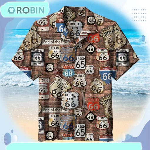 Route 66 on brick wall with road signs Unisex Hawaiian Shirt