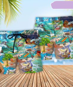 Shark And Skeletons On Summer Beach Party Beach Short, Gift for Holiday Summer Shark And Skeletons On Summer Beach Party Beach Short, Gift for Holiday Summer