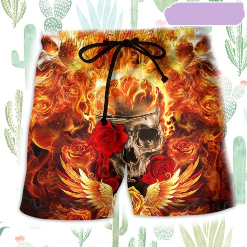 Skull Flaming Rose Fire Beach Short, Gift for Holiday Summer