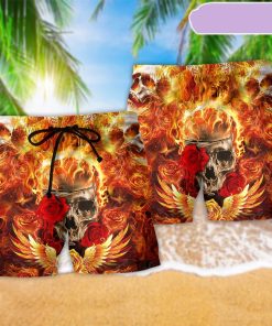 Skull Flaming Rose Fire Beach Short, Gift for Holiday Summer Skull Flaming Rose Fire Beach Short, Gift for Holiday Summer