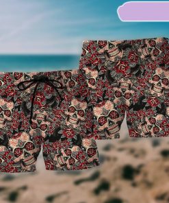 Sugar Skull Red Floral Beach Short, Gift for Holiday Summer