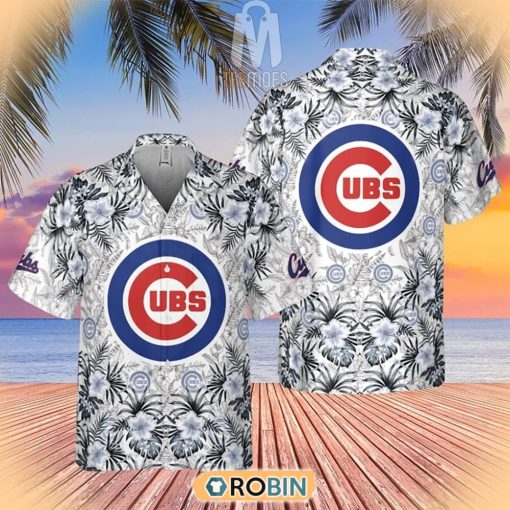 Tropical Flowers With Chicago Cubs In Center Hawaiian Shirt