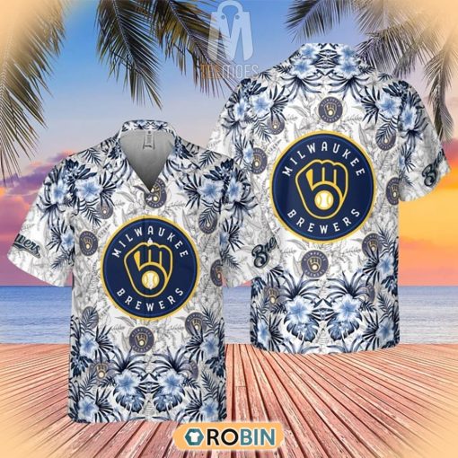Tropical Flowers With Milwaukee Brewers In Center Hawaiian Shirt