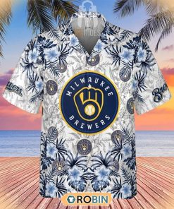 Tropical Flowers With Milwaukee Brewers In Center Hawaiian Shirt Tropical Flowers With Milwaukee Brewers In Center Hawaiian Shirt