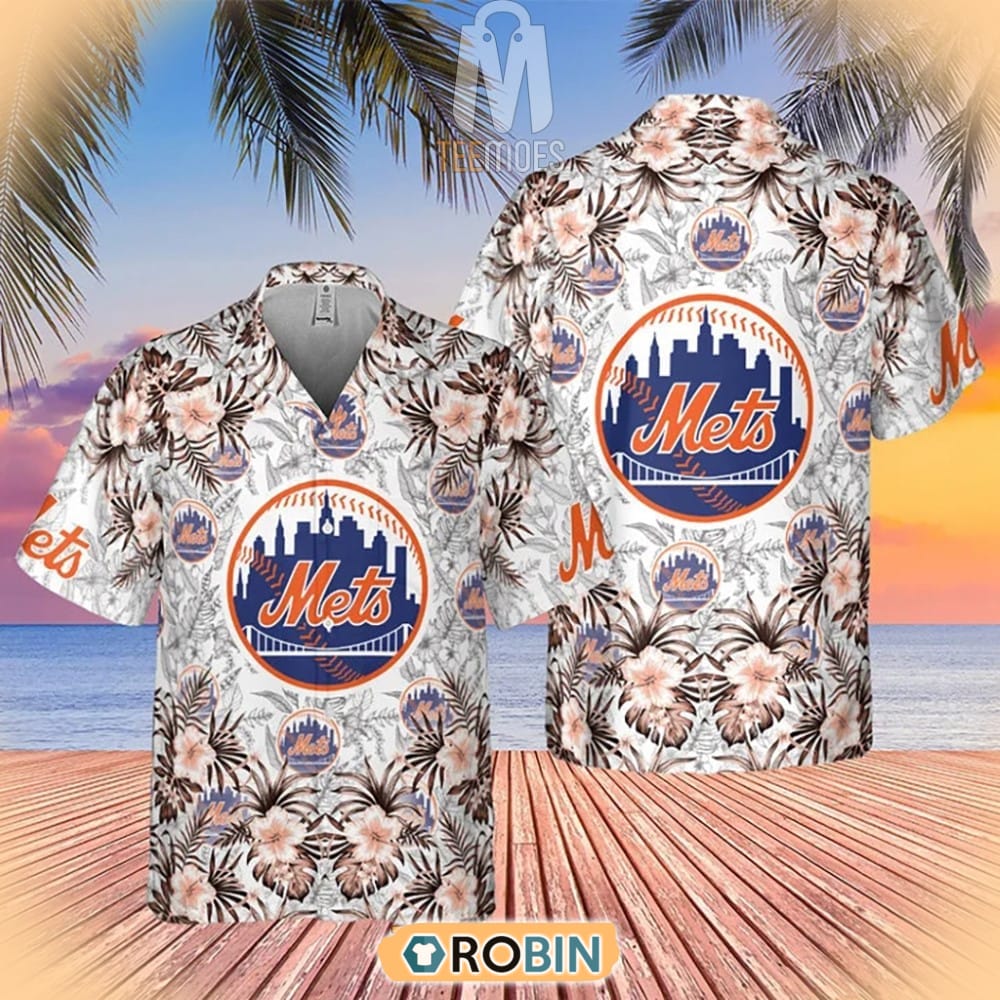 Tropical Flowers With New York Mets In Center Hawaiian Shirt