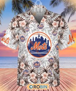 Tropical Flowers With New York Mets In Center Hawaiian Shirt Tropical Flowers With New York Mets In Center Hawaiian Shirt