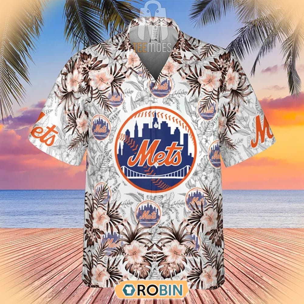 Tropical Flowers With New York Mets In Center Hawaiian Shirt
