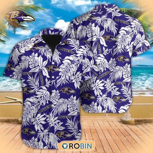 Tropical Leafs NFL Baltimore Ravens Hawaiian Design Button Shirt