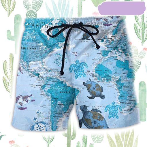 Turtle So Awesome Map Beach Short, Gift for Holiday Summer