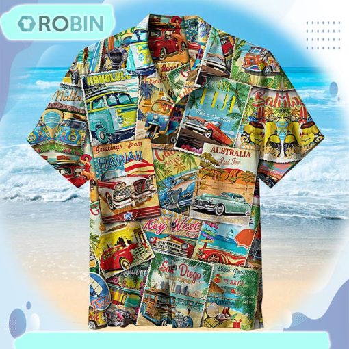 Vintage Travel Collage Unisex Hawaiian Shirt