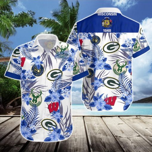 Wisconsin Badgers, Green Bay Packers, Milwaukee Brewers, Milwaukee Bucks, Wisconsin Sports Hawaiian Shirt