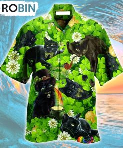 Black Cat Happy St Patrick’s Day Hawaiian Shirt, Gìt for Summer Shirt