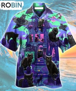 Black Cat In A Mysterious Haunted House Hawaiian Shirt, Gìt for Summer Shirt