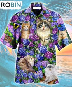 Cat Lovely And Purple Flowers Hawaiian Shirt, Gìt for Summer Shirt