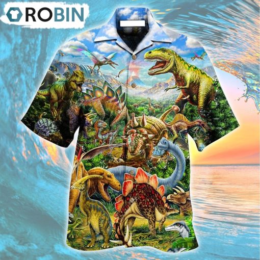 Dinosaur Rawrsome World Blue Sky Hawaiian Shirt, Gìt for Summer Shirt