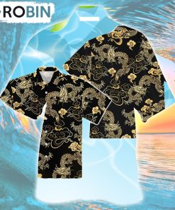 Gold Black Oriental Dragon Hawaiian Shirt, Gìt for Summer Shirt