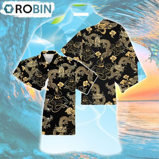 Gold Black Oriental Dragon Hawaiian Shirt, Gìt for Summer Shirt