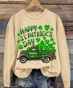 Happy St Patricks Day Shamrock Farm Truck Print Casual Sweatshirt