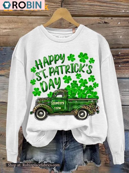Happy St Patricks Day Shamrock Farm Truck Print Casual Sweatshirt