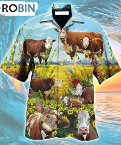 Hereford Cow Landscape Style Hawaiian Shirt, Gìt for Summer Shirt