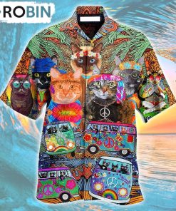 Hippie Cats Peace Love Life Color Hawaiian Shirt, Gìt for Summer Shirt