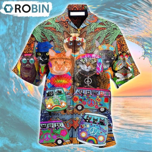 Hippie Cats Peace Love Life Color Hawaiian Shirt, Gìt for Summer Shirt