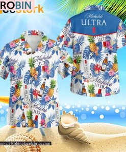 Michelob Ultra White With Blue Leaf 3D Button Hawaiian Shirt Michelob Ultra White With Blue Leaf 3D Button Hawaiian Shirt