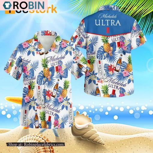 Michelob Ultra White With Blue Leaf 3D Button Hawaiian Shirt
