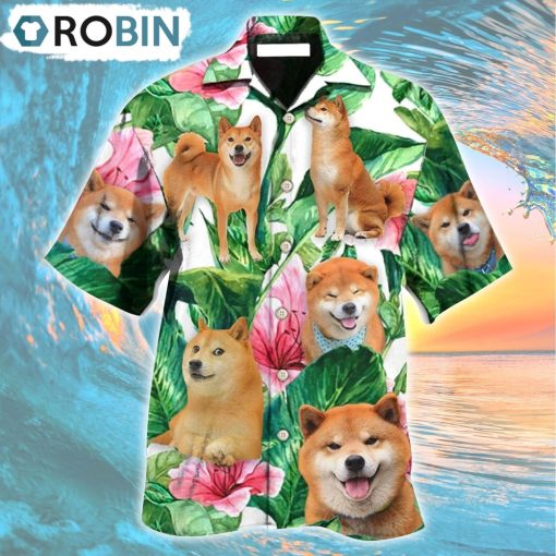 Shiba Inu Tropical Leaf Floral Style Hawaiian Shirt, Gìt for Summer Shirt
