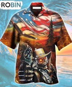Skull Cowboy Shot Gun American Flag Vintage Hawaiian Shirt, Gìt for Summer Shirt