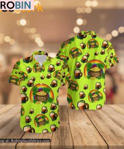 St Patricks Shamrock Gold Leopard Rainbow Print Beer Hawaiian Shirt
