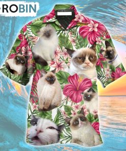Tropical Floral Lovely Siamese Cat Hawaiian Shirt, Gìt for Summer Shirt