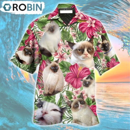Tropical Floral Lovely Siamese Cat Hawaiian Shirt, Gìt for Summer Shirt
