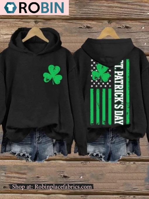 Women’s St Patricks Day American Flag Lucky Shamrock Casual Hoodie