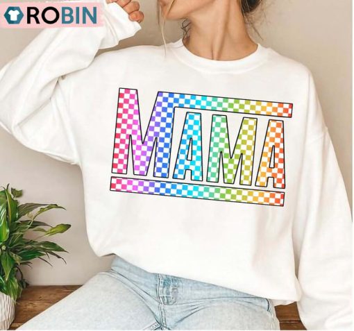 Checkered Mom Shirt, Retro Mama Checkered Crewneck Sweatshirt Long Sleeve