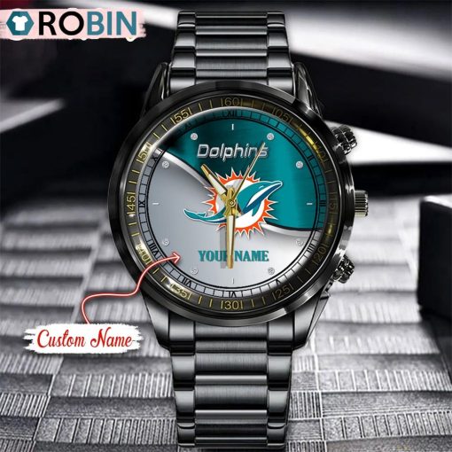 NFL Miami Dolphins Watch Black Stainless Steel Watch Football Watch For Fans
