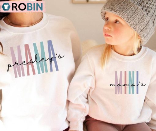 Personalized Mommy And Me Shirt, Retro Mama And Mini Crewneck Sweatshirt Tee Tops