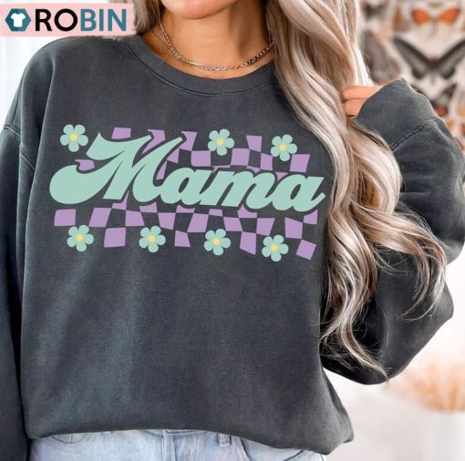 Retro Mama Checkered Trendy Shirt, Retro Mama Crewneck Sweatshirt Long Sleeve