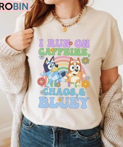Running On Caffeine Chaos And Bluey Mom Shirt, Chilli Heeler Tee Tops T-Shirt