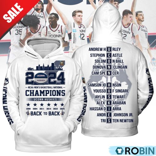 Uconn Huskies 2024 NCAA Men’s Basketball National Champions Back To Back Hoodie – White