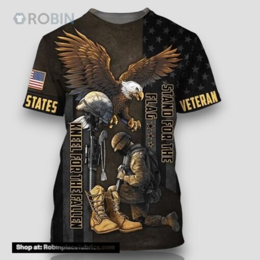 American Veteran Stand For The Flag kneel For The Fallen All Over Print 3D T Shirt For Military