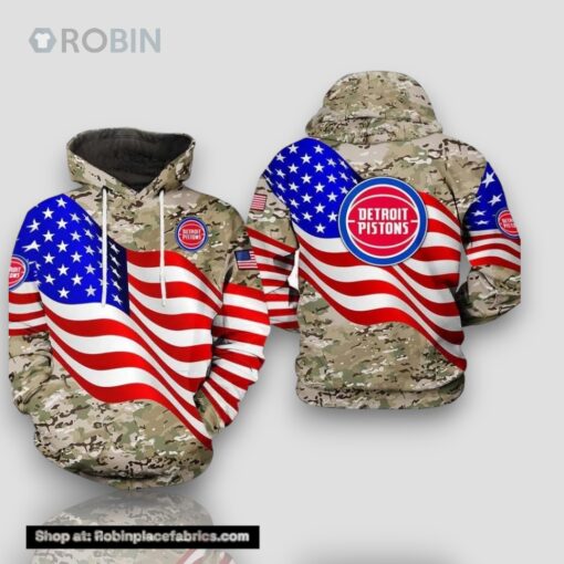 Detroit Pistons NBA US Flag Camouflage Veteran Team 3D Hoodie All Over Printed