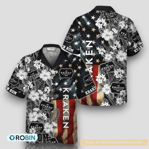 Kraken Rum American Flag Tropical Flower Hawaiian Shirt
