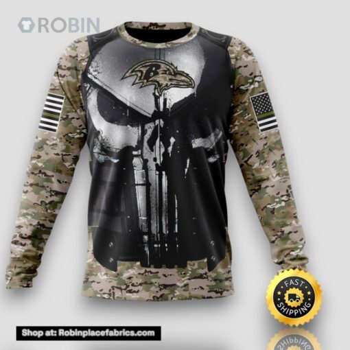 NFL Baltimore Ravens Crewneck Sweatshirt Punisher Skull Camouflage Veteran Kits Represent Your Team