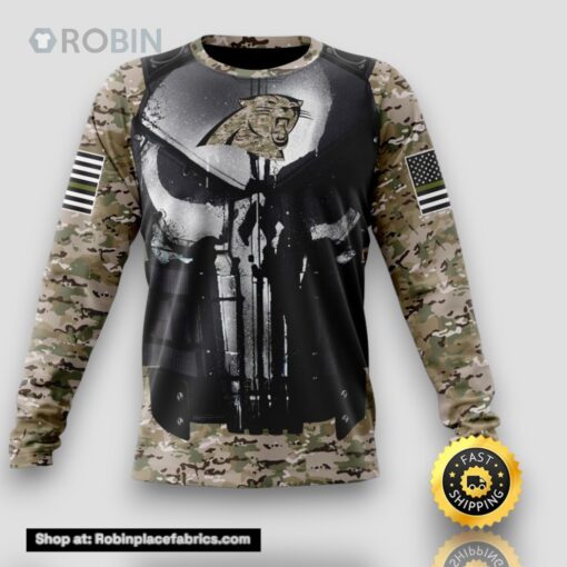 NFL Carolina Panthers Crewneck Sweatshirt Punisher Skull Camouflage Veteran Kits Represent Your Team