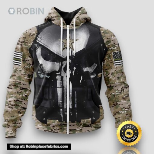NFL Dallas Cowboys Zip Hoodie 3D All Over Print Punisher Skull Camouflage Veteran Kits Custom Name And Number Hoodie