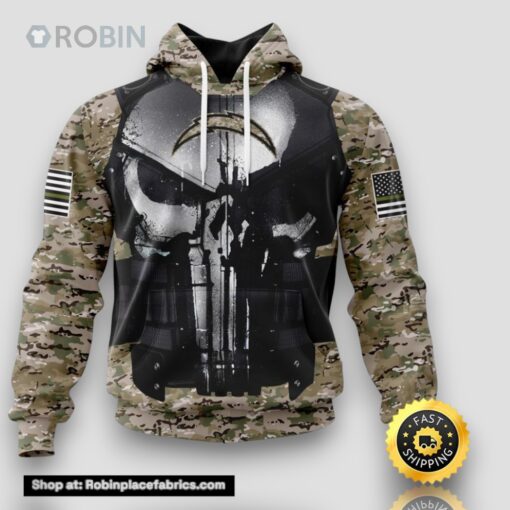 NFL Los Angeles Chargers 3D Hoodie All Over Print Punisher Skull Camouflage Veteran Kits Custom Name And Number Hoodie