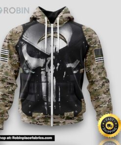 NFL Los Angeles Chargers Zip Hoodie 3D All Over Print Punisher Skull Camouflage Veteran Kits Custom Name And Number Hoodie